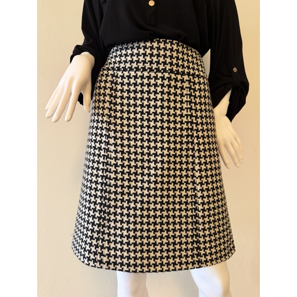 DKNY Black White Houndstooth 100% Wool Tweed A-Line High Rise Knee Skirt Size 4